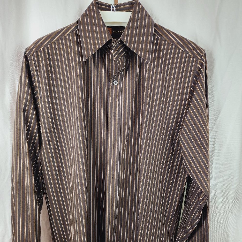 Level Ten brown with tan and cream striped dress shirt, size Large.
